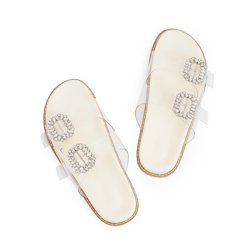 Image of QIY Clear Slides for Women Flat Sandals Clear Summer Beach Cute PVC Comfortable Girls Ladies Sandals Dressy Rhnestone Sparkly Sandals Women Size, 7.5