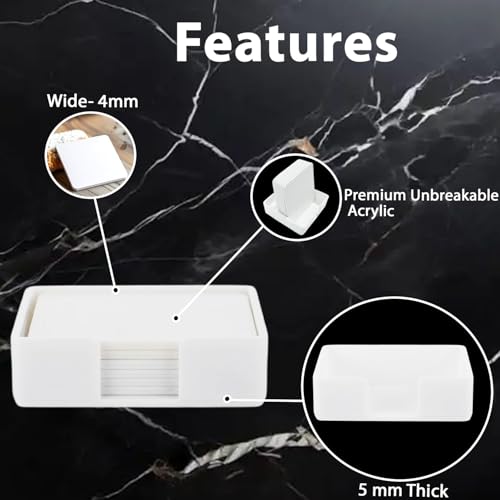 Image of Unbreakable Acrylic Coaster Set - 6 White Square Drink Coasters for Home Office, Gaming, and Study Decor - Stylish Moisture-Protecting Accessories for Tea and Coffee (White)