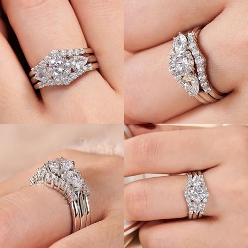 Wuziwen 1 Carat Wedding Ring Set for Women 3Pcs Engagement Rings CZ 925 Sterling Silver Size 5-103