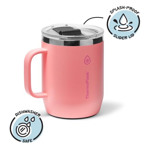 Image of ThermoFlask Drinkware 12 oz Coffee Mug - Double-Wall Insulated for Hot & Cold Drinks - Lightweight & Simple with Innovative Press In Slider Lid - Modern & Durable - Sunkissed Coral