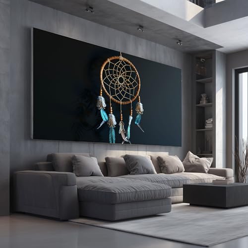 Impression sur Toile Indien AttrapeRêves Cadre Decoration Murale pour Salon Moderne et Chambre Tribal Plume Bleue Grand Tableau Mural Peintures pour Bureau...