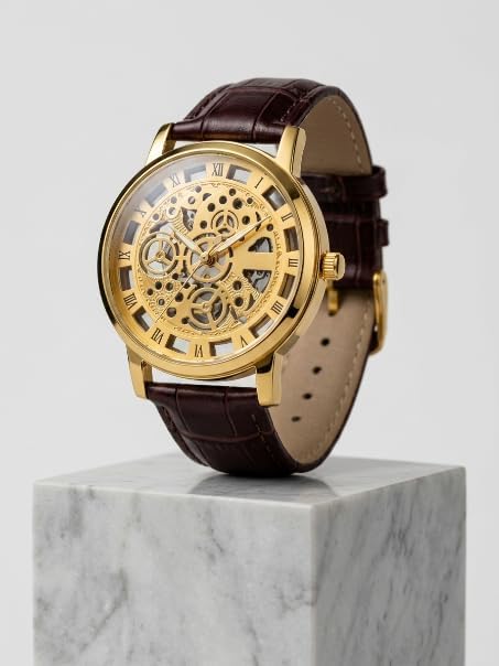 Image of Men's Skeleton Automatic Mechanical Watch - Gold Transparent Dial with Roman Numerals & Brown Crocodile Leather Strap Wrist Watch for Men