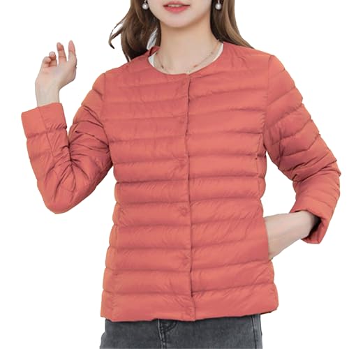 Qolkmuiy-GJ Doudoune courte légère et pliable pour femme - Couleur unie - Col rond - Bouton pression - Confortable - Sans col, Orange, XXL