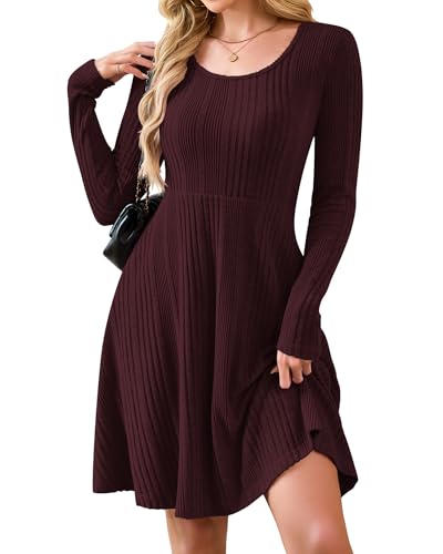 AUSELILY Langarm Strickkleid Damen Rundhalsausschnitt Pullover Kleid Gestrickt Herbstkleid Damen mit Taschen Weinrot XXL