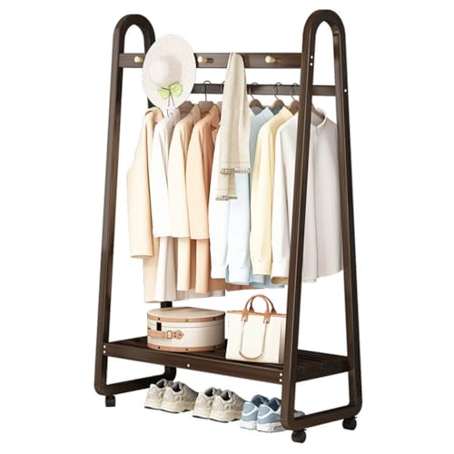 Perchero de bambú con ruedas, perchero de pie con estantes de almacenamiento para entrada, pasillo, vestíbulo, vestíbulo, dormitorio