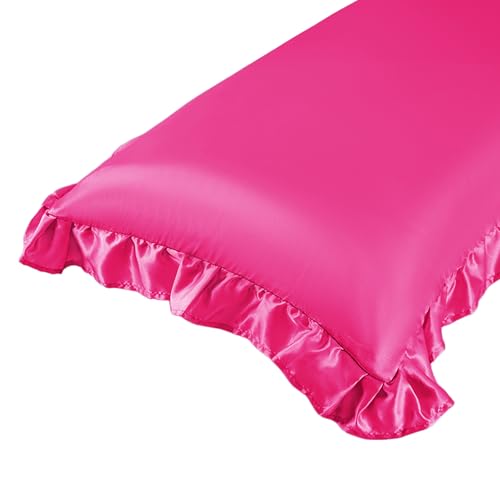 NSGZ Funda de almohada de satén con volantes, tamaño corporal, fundas de almohada sedosas para el cuidado del cabello y la piel, fundas de almohada de satén fucsia con cierre de sobre, fundas de