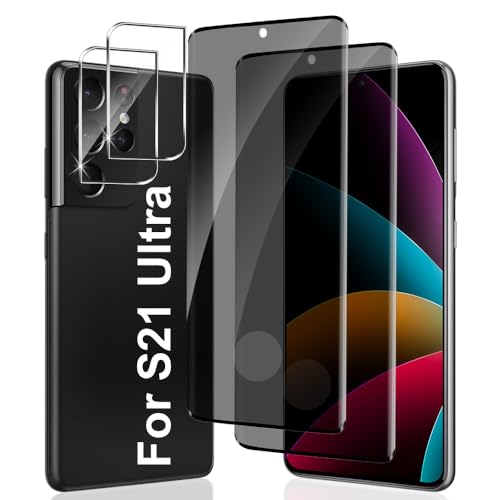 Geviaho [2+2 Packs] Galaxy S21 Ultra Privacy Screen Protector and Camera Lens Protector, Fingerprint Unlock, 9H Hardness anti-spy Tempered Glass, No Bubble, Easy Installation, Anti Scratch 6.8 Inch