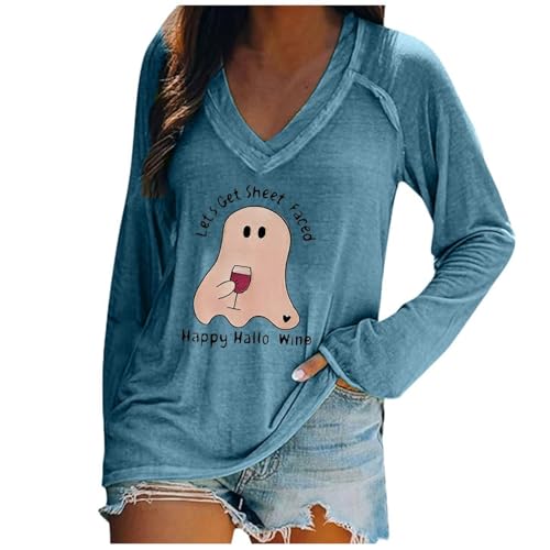 Camiseta de manga larga para mujer, cuello de pico, estampado de Halloween, azul claro, 5XL