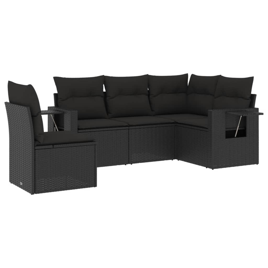 5-częściowy zestaw mebli ogrodowych z poduszkami, polirattanowa sofa ogrodowa, czarna, modułowa sofa ogrodowa ze schowkiem i stolikiem pomocniczym