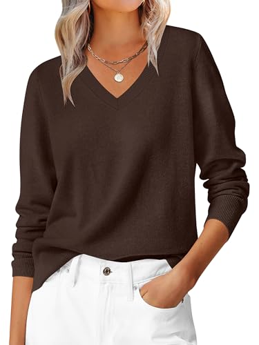 ANRABESS Womens Long Sleeve V Neck Sweaters 2025 Fall Casual Classic Soft Loose Fit Basic Pullover Jumper Top Coffee Medium