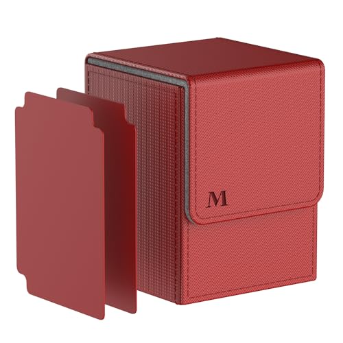 Pulchra Scatola Box Porta Carte Capacità fino a 100+ carte, con 2 Piastra di Partizione, Magnetic Flip Deck Box (Logo-M Design, Rosso)