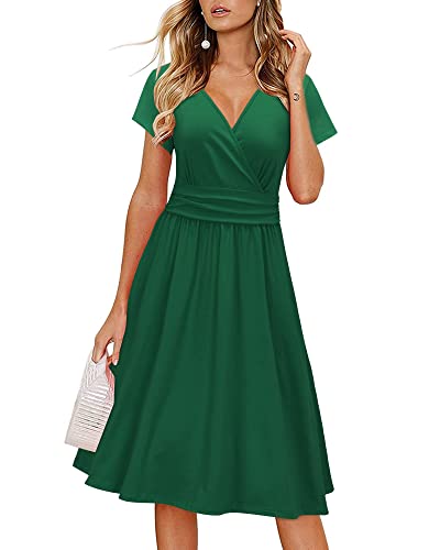 OUGES Summer Dress with Pockets Casual Lightweight Flowy Midi Sundress Work Church Wedding Guest Dresses(Green,M)
