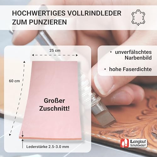 Punzierleder XXL großer Lederzuschnitt, Blankleder, Dickleder, Punzierleder 250mm x 600mm vegetabil gegerbte Rindleder, Vollrindleder,Sattlerleder, Streichriemen, Abziehleder (Lederstärke 2,5-3,0mm)