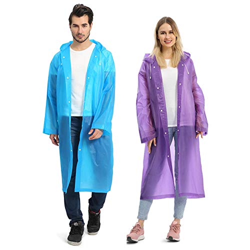 Opret Portable EVA Raincoats for Adults, Reusable Rain Ponchos with Hoods and Sleeves Lightweight Raincoats, Blue&Purple