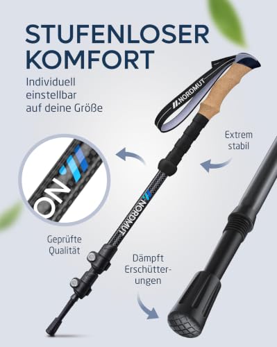 NORDMUT® Wanderstöcke Teleskop aus stabilen Aluminium oder Carbon - Leichte Nordic Walking Stöcke Damen und Herren - Komfortable Korkgriffe… – Ansicht 3