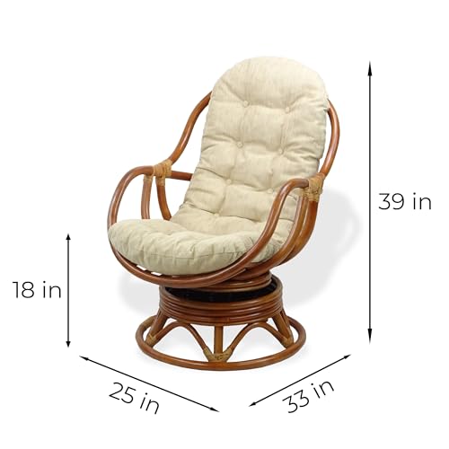 Bali Lounge Swivel Rocking Chair with Cream Cushion Natural Rattan Wicker Handmade, Colonial