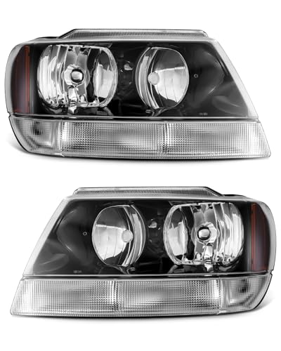 ADCARLIGHTS Headlight Assembly Pair for 1999-2004 Jeep Grand Cherokee Black Housing Amber Reflector Left Right W/O Bulbs