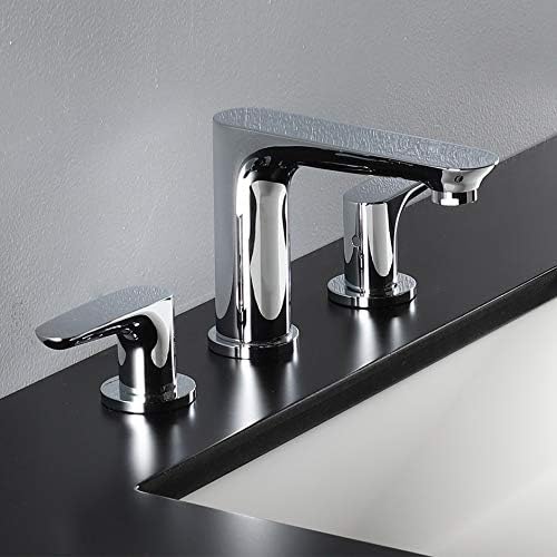 Deck-mount three-hole faucet with two lever handles. Water flow rate: 1.2GPM pressure compensating aerator. H: 5", SPOUT: 5 1/8", Matte Black