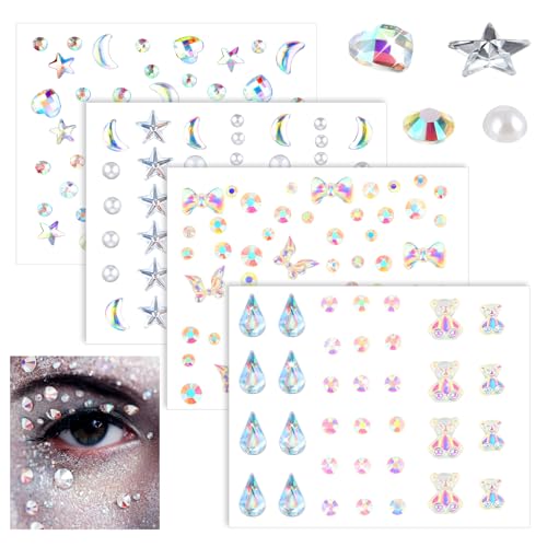 Amaxiu 4 Hojas de Pegatinas de Gemas para la Cara - Estrellas, Luna, Coloridas y Autoadhesivas Con Diamantes de Imitación para los Ojos (A)
