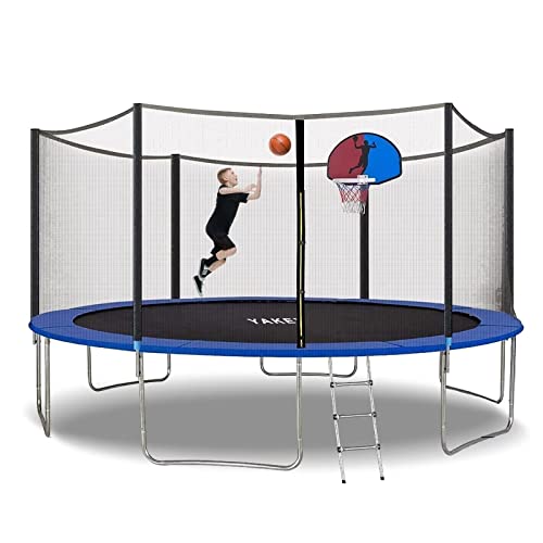 QCen Trampoline, 15FT Recreational Outdoor Trampolines with Safety Enclosure Net&Basketball Hoop, ASTM Approved Combo Bounce Outdoor Waterproof Trampoline with Ladder for Kids and Adult