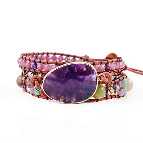 YGLINE Wrap Bracelets Amethyst Beaded Bohemian Gemstone Leather Woven Healing Stone Jewelry for Women