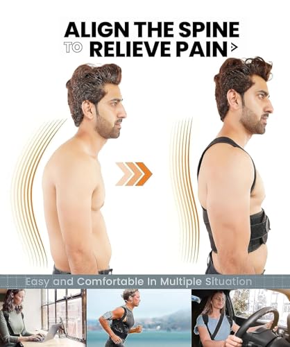 Image of Amazon Brand - Solimo Posture Corrector for Men & Women - Adjustable Back Brace with Lumbar Support, Shoulder Support & Waist Belt for Pain Relief & Better Posture | Black