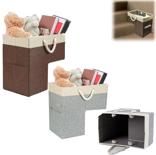 Cestino per scale con manico, per scale in moquette e scale in legno, cesto portabiancheria da 40,6 cm, per scale, giocattoli, vestiti, libri, strumenti, riviste (grigio marrone, 2 pezzi)