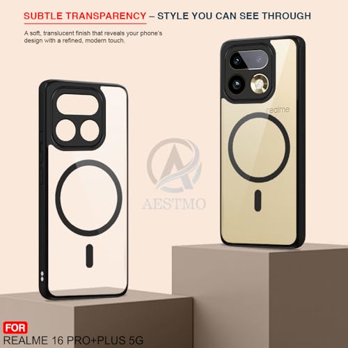 Image of AESTMO Realme 16 Pro Plus Back Cover | 360 Protection | Crystal Clear Hard Back Transparent | Compatible with MagSafe Accessories (PC+TPU, Black Bumper)