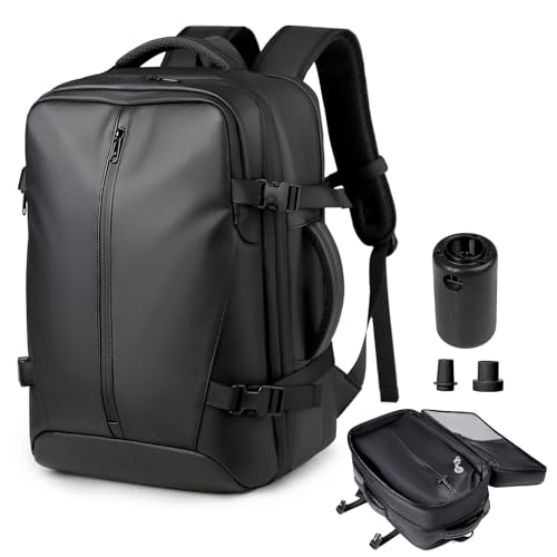 Vakuum Rucksack Handgepäck, Reiserucksack Handgepäck Flugzeug 45x36x20 Easyjet, 35L-55L Travelite Rucksack Groß Erweiterbar Airbag mit Pumpe, 15.6 Zoll Laptopfach, Damen, Herren - Schwarz