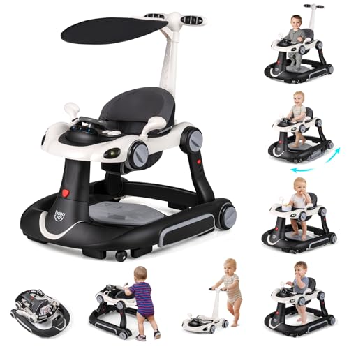 Image of BABY JOY 7-in-1 Baby Walker, Foldable Baby Walker and Bouncer Combo with Handle, Adjustable Height & Speed, Music, Lights, Rocker/Push Mode, Baby Walker with Wheels for Boys Girls 7-18 Months (White)