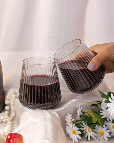 Image of Goodluck 120 Pack 12oz Stemless Clear Plastic Wine Glasses | Clear Ribbed Cups, Elegant Reusable Disposable Drinkware for Weddings, Parties, Bars, Indoor and Outdoor Events