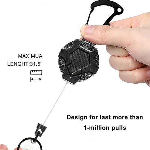 Image of Heavy Duty Retractable Keychain & Badge Reel | Tactical Carbon Fiber ID Card Holder with Bottle Opener Carabiner & 80cm Cord (Black)