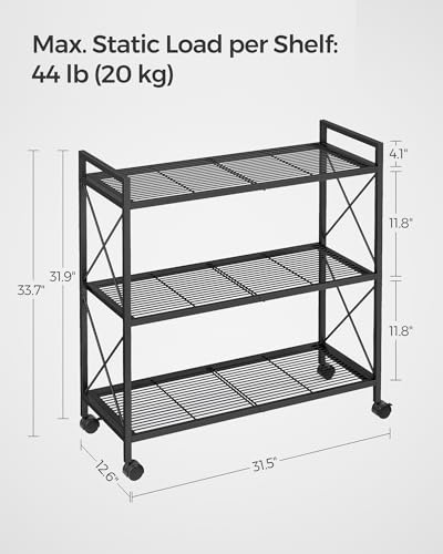 Image of SONGMICS 3-Tier Metal Storage Rack with Wheels, Mesh Shelving Unit with X Side Frames, 31.5-Inch Width, for Entryway, Kitchen, Living Room, Bathroom, Industrial Style, Black UBSC183B01