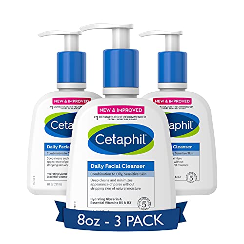 Face Wash by CETAPHIL, Daily Facial Cleanser for Sensitive, Combination to Oily Skin, NEW 8 oz 3 Pack, Gentle Foaming, Soap Free, Hypoallergenic