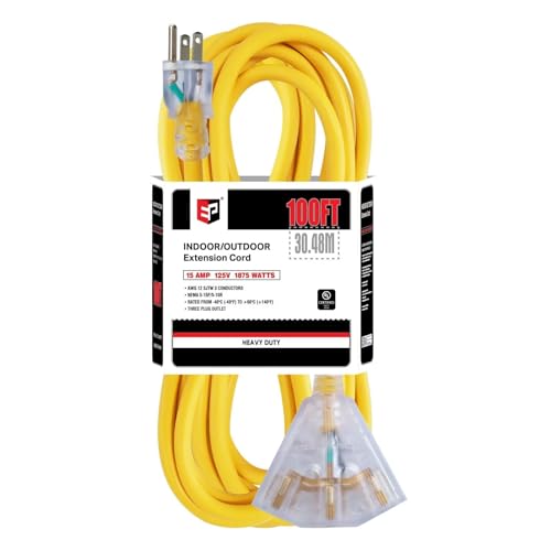 EP 100 Ft 12 Gauge Heavy Duty Extension Cord, 15A 125V 1875W, 3 Outlet Indoor/Outdoor Power Cord with Lighted End, 12/3 SJTW Weatherproof Yellow, UL Listed