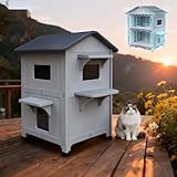 Plastic Outdoor Cat House with Mat Weatherproof for Feral Multi Cat, 2 Story Insulated Elevated Cat Shelter with Escape Door, Easy Assemble, Expansive Interior‌ Grey 34" D x 21" W x 21.5" H