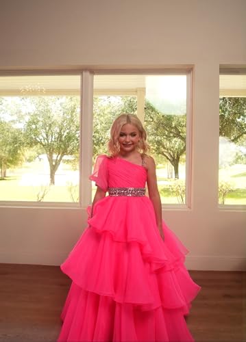 One Shoulder Girls Pageant Dress Long Crystals Organza Princess Party Ball Gowns Teen Formal Dress PT1502