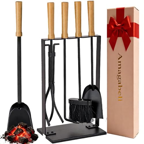Amagabeli Ensemble serviteur de cheminée 5 pièces accessoire 55cm Outils cheminee Outil cheminée Serviteur poele a bois Pelle Balai Pince Support Tisonnier Argent