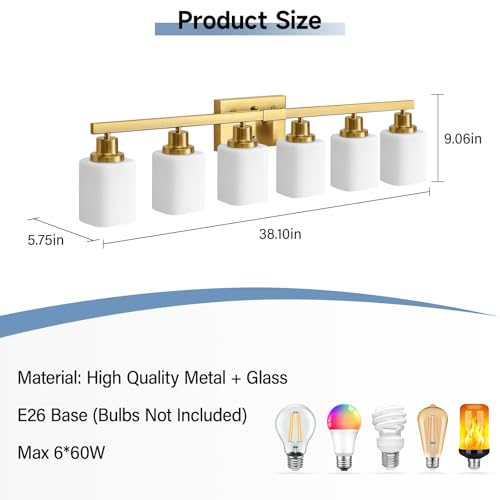 Image of Brushed Gold Bathroom Vanity Light,6-Light Bathroom Light Fixtures with Square Frosted Glass,Gold Bathroom Wall Lamp Sconces for Mirror Bedroom,Living Room Hallway,E26