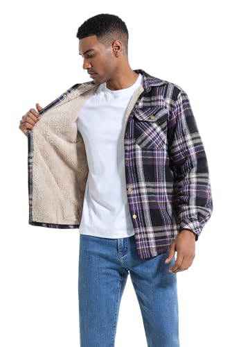 Image of Men's Sherpa Cotton Flannel Shirt Jacket Plaid Button Coat Pocket