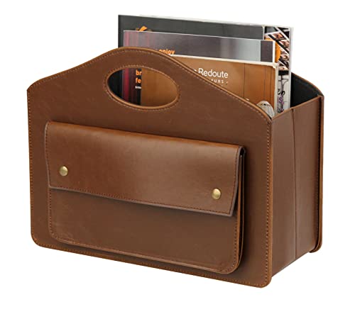 HofferRuffer Leder Zeitschriftenhalter mit Griff, Faltbarer Zeitungshalter mit Kleiner Vordertasche, Aufbewahrungskorb 35*28*15.2cm Braun Cover