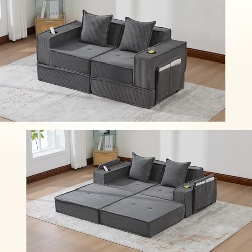 KOMHTOM Petit Canapé Convertible 2 Places, Canapé Modulaire, Coussin d'assise Confortable en Mousse Haute Densité, Porte-Gobelets et Poches Latérales...