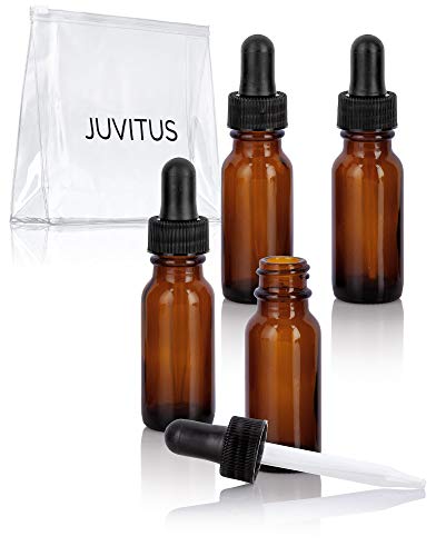 0.5 oz / 15 ml Amber Glass Boston Round Bottle with Black Dropper (4 Pack) + Clear Travel Bag