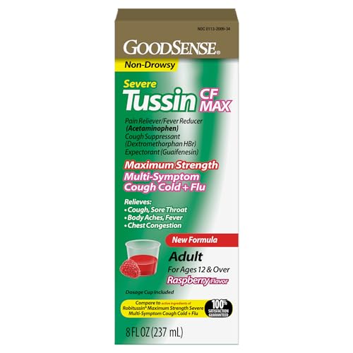 GoodSense Tussin Severe CF Max Multi-Symptom Cough Cold and Flu Raspberry Flavor Cough Medicine 8 Ounces