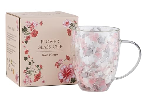 Entonic Doppelwandige Glastasse mit getrockneten Blumen, ästhetische Blumen-Kaffeebecher, Niedliche Isolierte Teetassen mit Griff, Hitzebeständig, Ideale Geschenk für Mutte Ehefrau, Damen (Pink)
