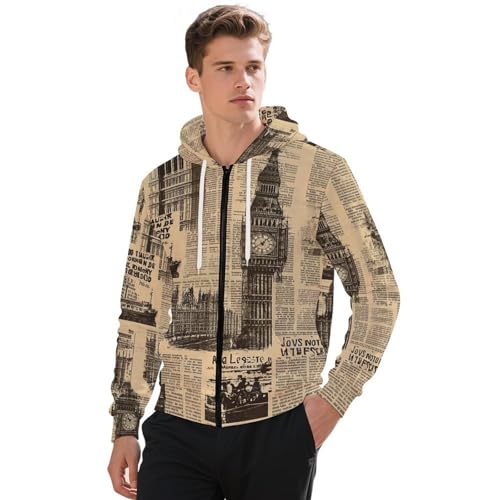 Vintage Old Newspaper Paper London Men's Hoodies with Zipper Lightweight Long Sleeve Casual Sweatshirts