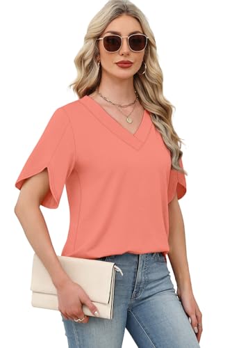 Image of WIHOLL Womens Summer Tops Short Petal Sleeve Shirts Fashion V Neck Womens Clothing
