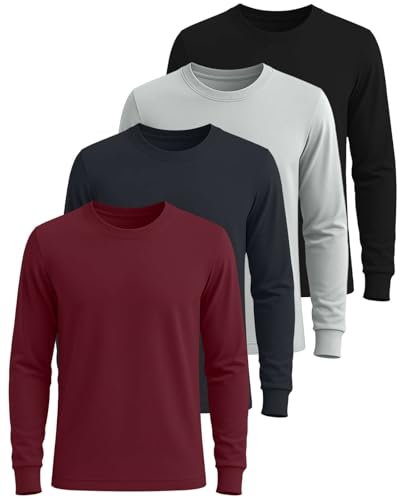 Image of Real Essentials 4 Pack: Men's Cotton Long Sleeve Crew Neck T-Shirt - Soft Work Casual Jersey Tees