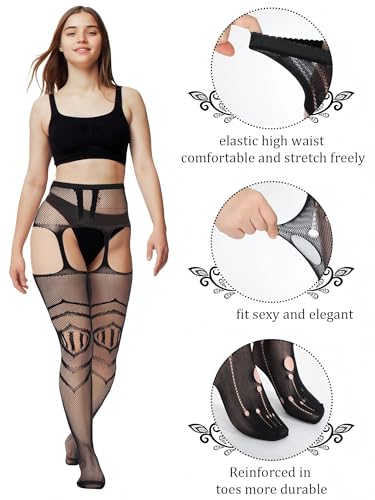 Image of Jadive 6 Pairs Women Plus Size Suspender Tights Fishnet Thigh High Stockings Garter Belt Lingerie Pantyhose