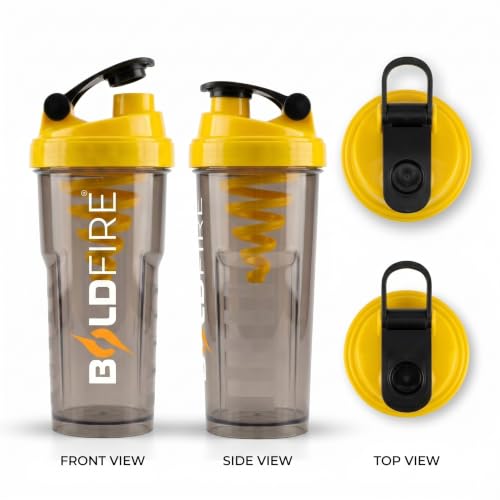 Image of Protein Shaker Bottle 700ml with Mixing Spring, Leakproof BPA-Free Gym Shaker Cup for Protein, Pre & Post Workout Drinks, Smoke Grey with Yellow Lid